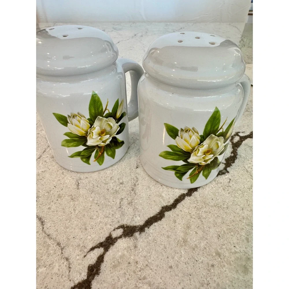 Vintage Magnolia Floral Ceramic Salt and Pepper Shakers Set White Mug Style